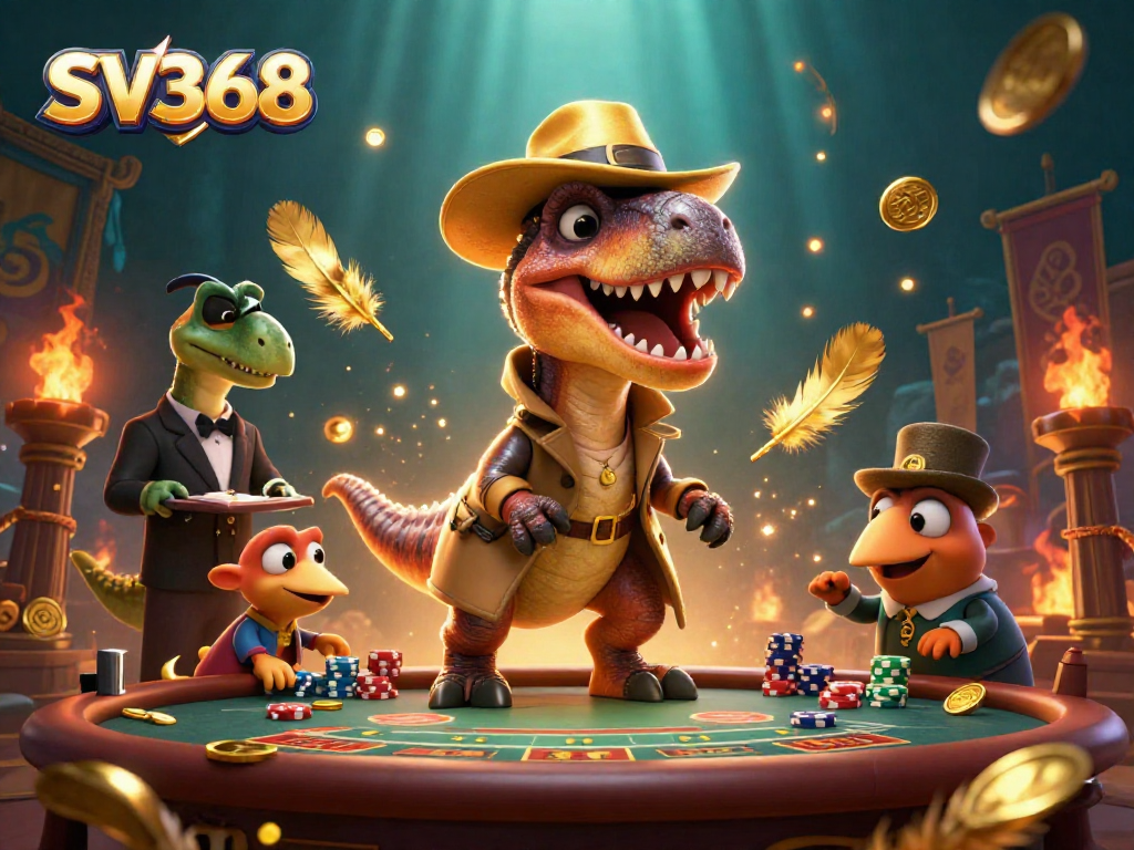 Engage in thrilling gameplay at SV368, featuring a velociraptor counter at a blackjack table.