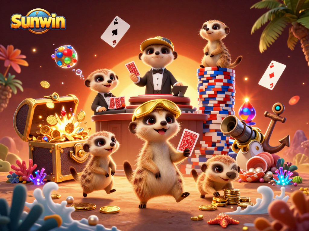 Experience sunwin's vibrant meerkat casino scene with dynamic card dealers and treasures.