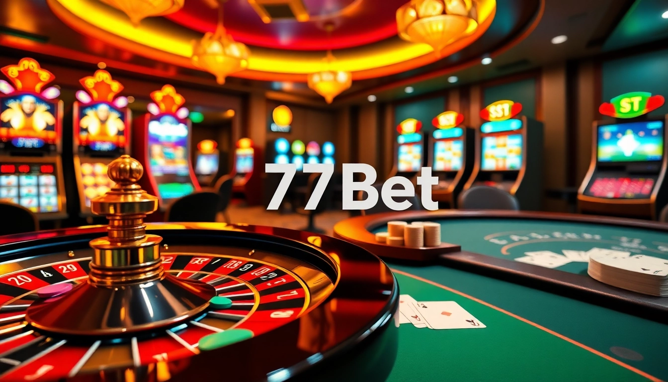 Experience a thrilling roulette game with 77Bet's vibrant casino atmosphere and enticing betting tables.