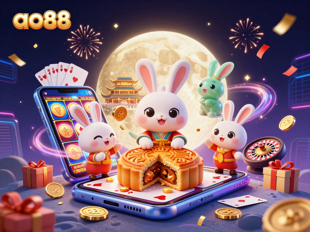 Engage with ao88's dynamic gaming scene featuring animated characters and casino elements.