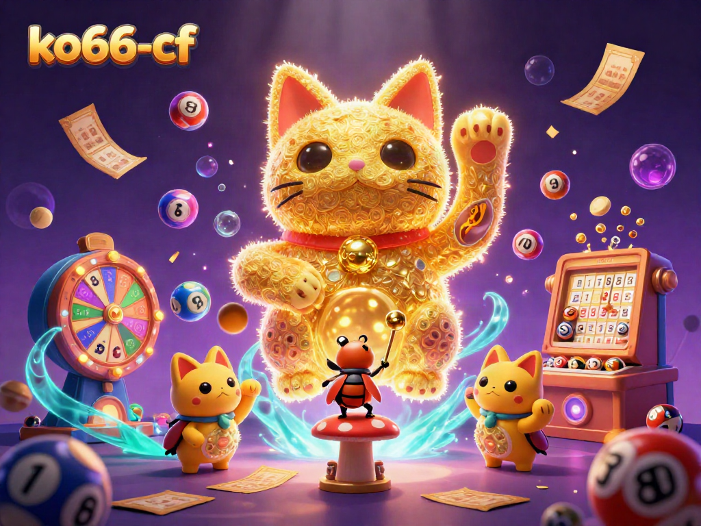 Engage with ko66-cf's vibrant gaming world, featuring enchanting golden fireflies and dynamic lottery elements.