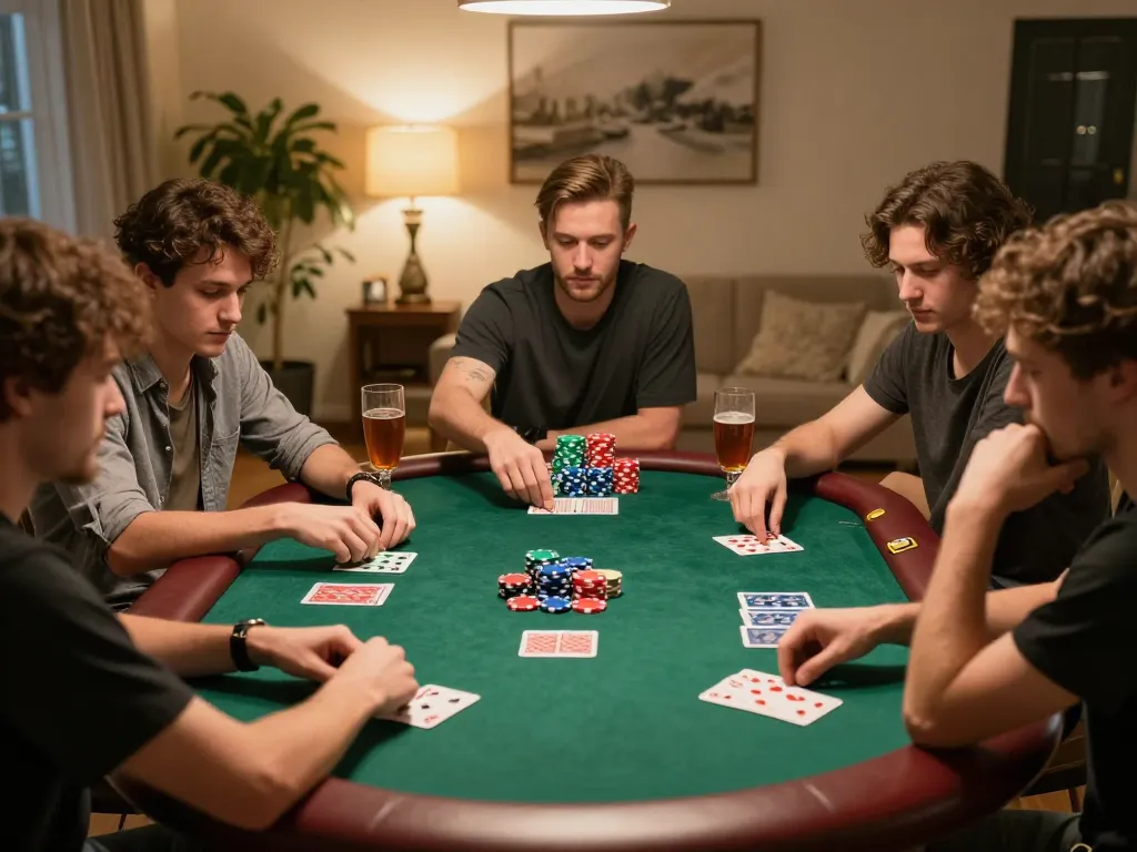 Friends enjoying a poker night with cards and chips around the table on 789club platform.