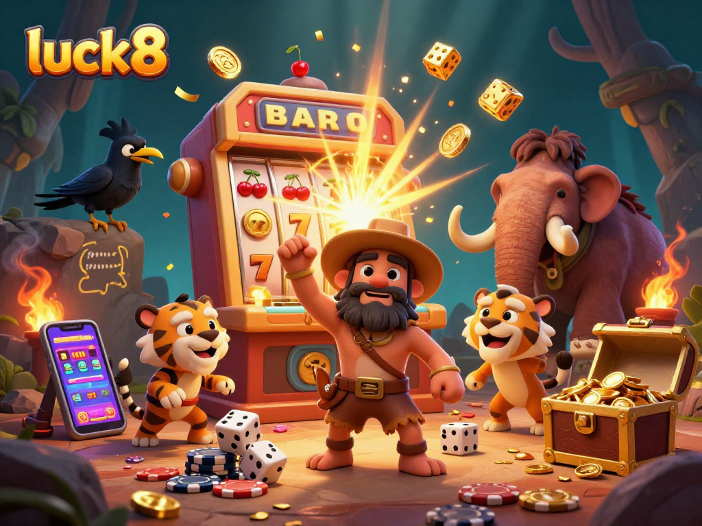 Luck8 shines at the prehistoric casino where a caveman, tiger, and crow celebrate a jackpot win!