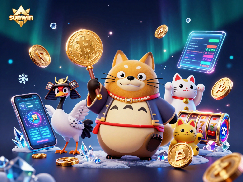 Experience vibrant slots action with sunwin's cheerful tanuki and lucky symbols in a dynamic illustration.