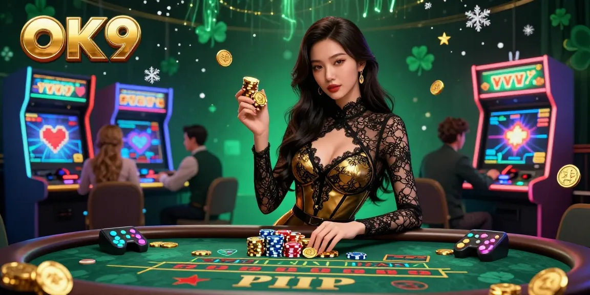 Engage in high-stakes gaming at OK9 with a glamorous setting and golden casino chips.