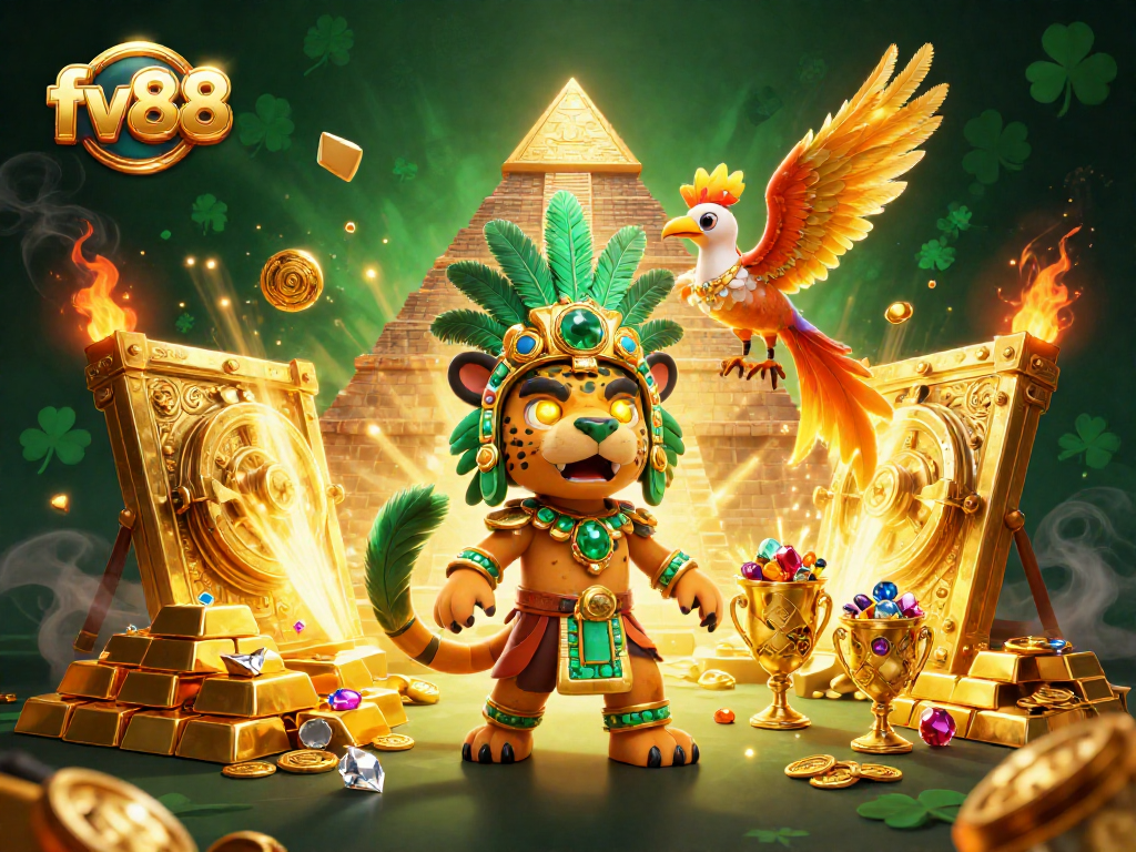 Experience thrilling gameplay at FV88 with a Mayan priest and golden treasures sparkling around.