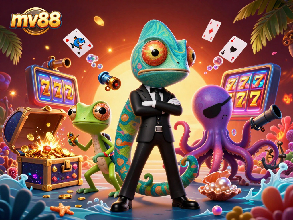 Experience exciting mv88 gameplay with vibrant casino elements and dynamic characters in this colorful illustration.