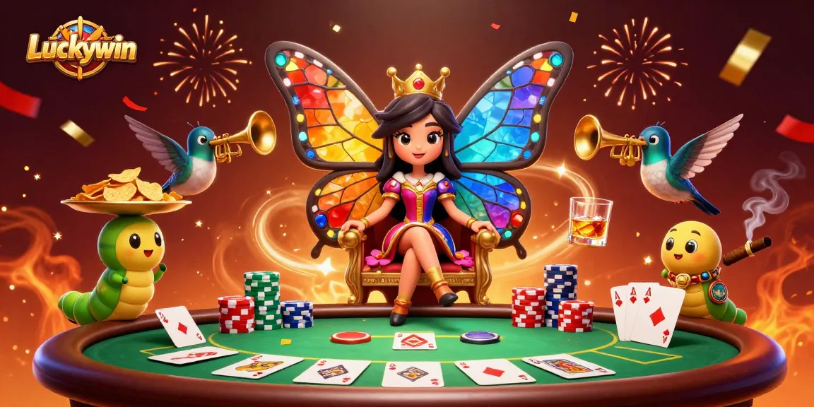 Luckywin delights with a 3D butterfly queen amidst vibrant casino elements, showcasing poker action.