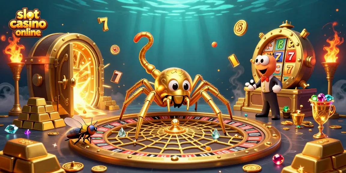 Engaging scene depicting a slot casino online theme with a golden spider, centipede croupier, and animated game elements.