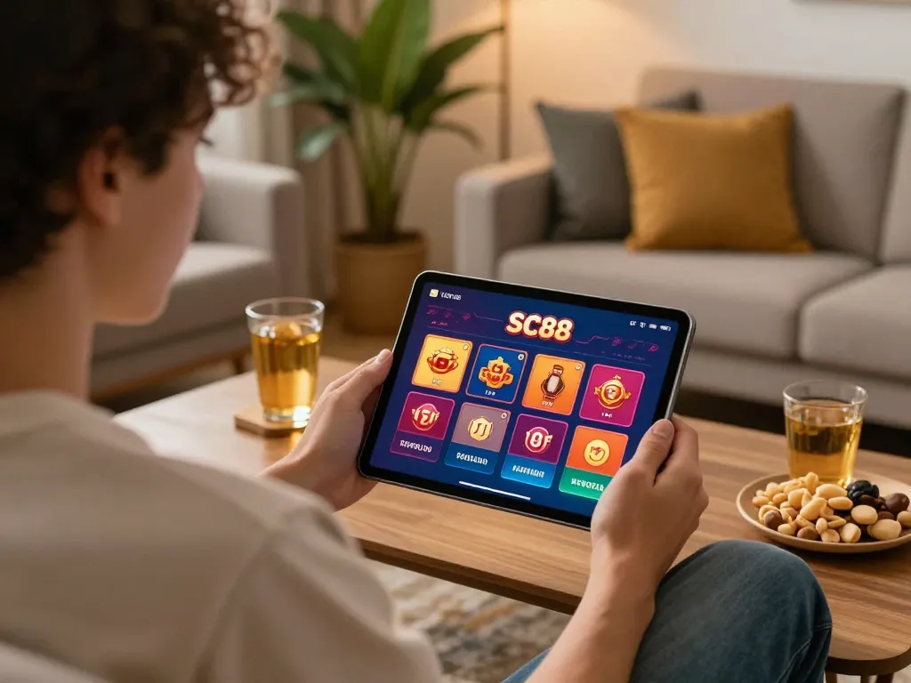Engaging player exploring SC88 app for strategic online gambling in comfortable decor.