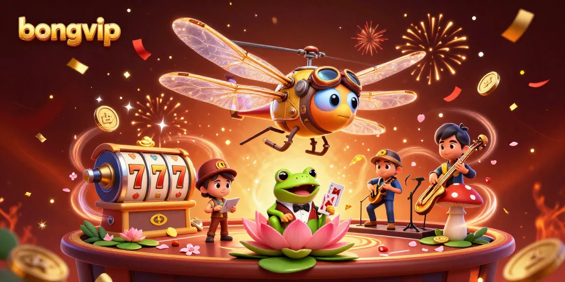 Engage in thrilling casino fun with bongvip's lively frog croupier and cartoon dragonfly pilot.