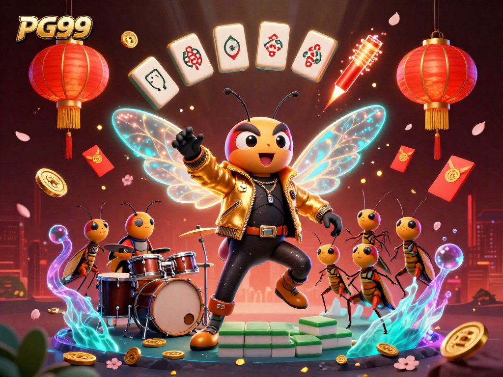 Experience the thrill of the PG99 gaming scene with a vibrant cartoon rock star and dynamic casino elements.