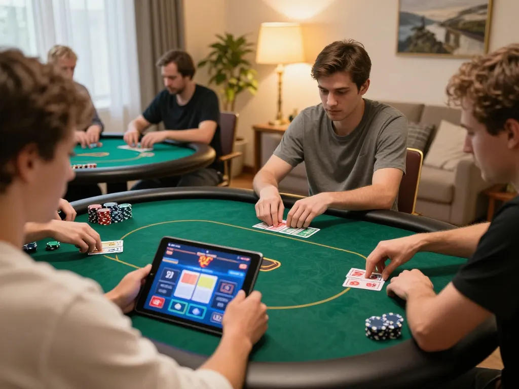 debets users engaging in an exciting online poker game via tablet at home, showcasing strategy and competition