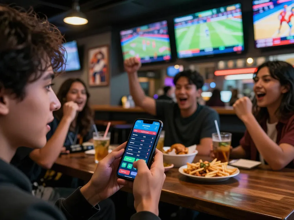 Engaging in kèo nhà cái hôm nay with friends at a lively sports bar, showcasing live betting excitement