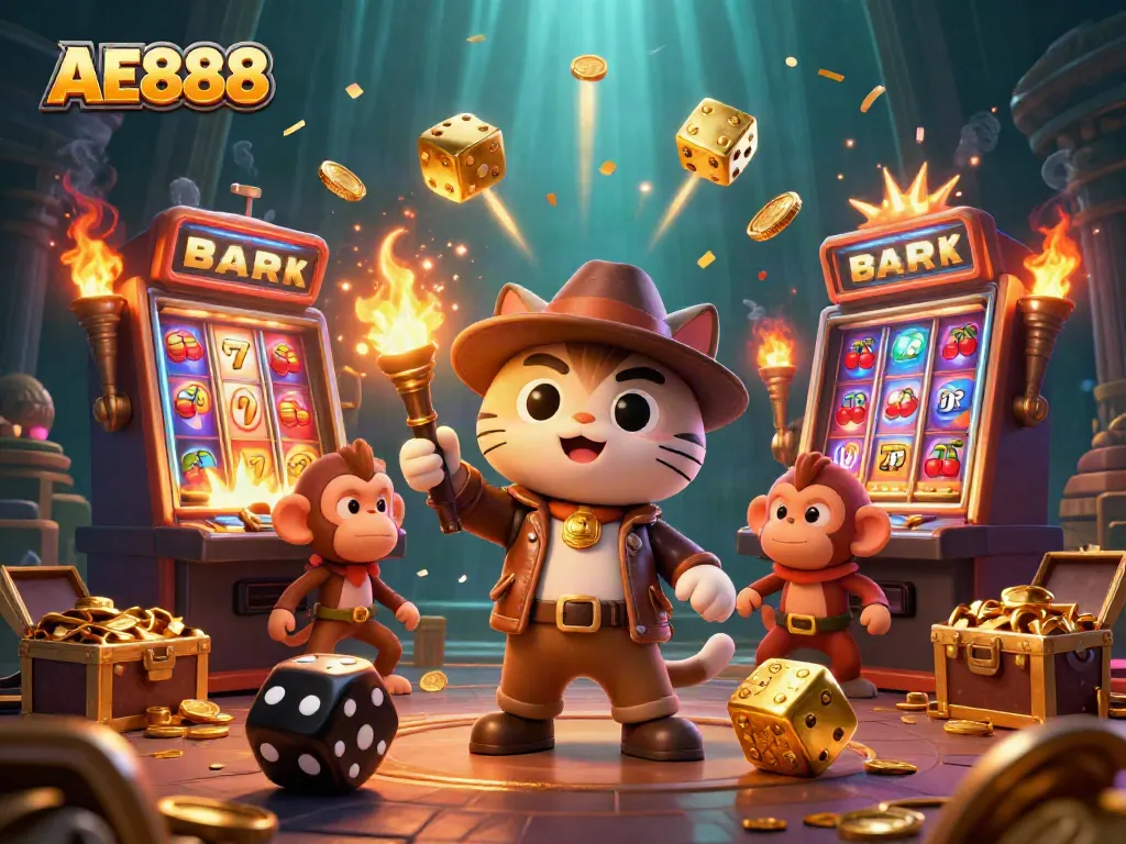 Experience the thrill of AE888 as a cat explorer uncovers golden casino artifacts in a vibrant scene.