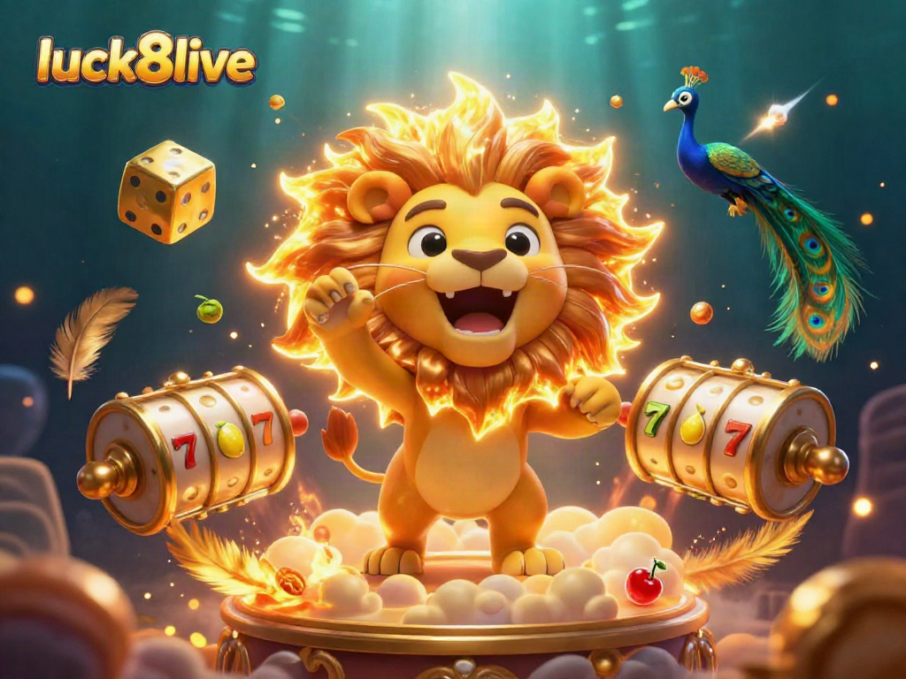 Play at luck8live with a vibrant casino adventure featuring a roaring sun lion and golden slot reels.