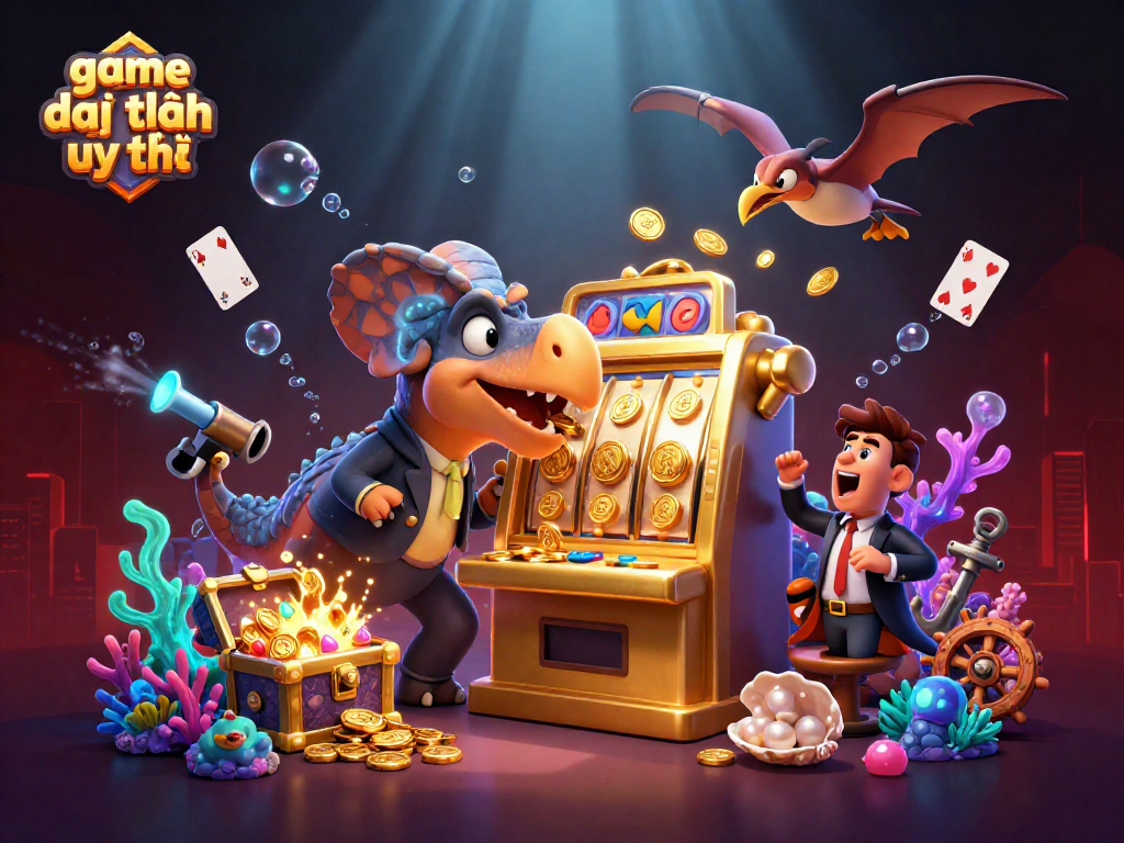 Experience thrilling wins with game đổi thưởng uy tín as a dinosaur headbutts a slot machine and treasures fly