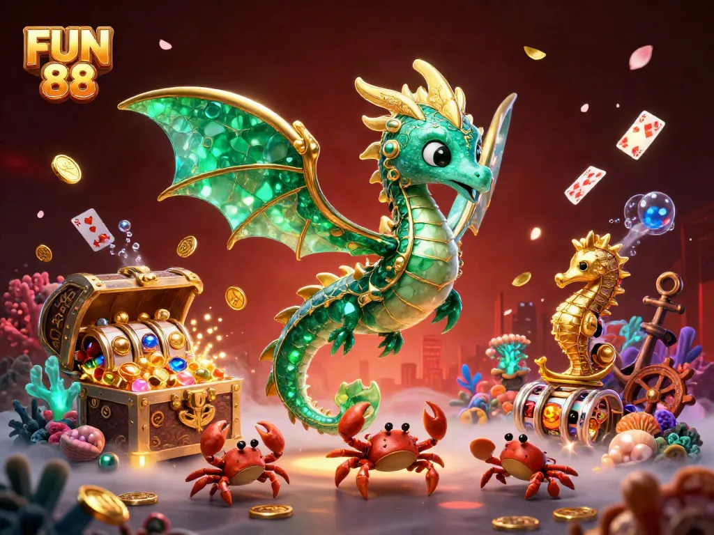 Experience the vibrant FUN 88 world of online gaming with an emerald sea dragon and gold treasures.