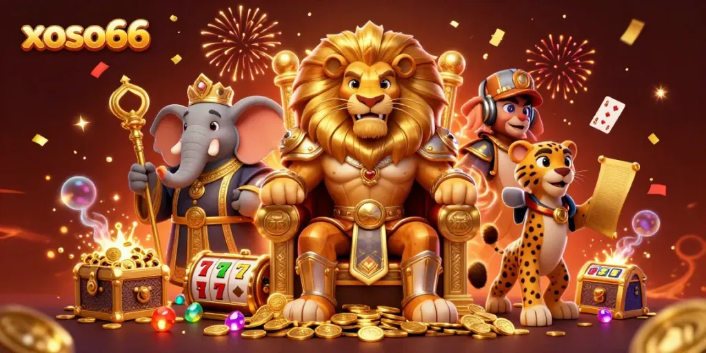 Experience thrilling wins with xoso66 as the royal lion king oversees slot gaming excitement in this vibrant illustration.