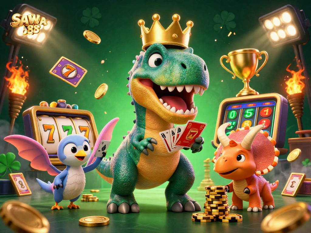 Engage with thrilling slots at SAWA 888 featuring dynamic scenes of a T-Rex shuffling cards and joyful gaming.