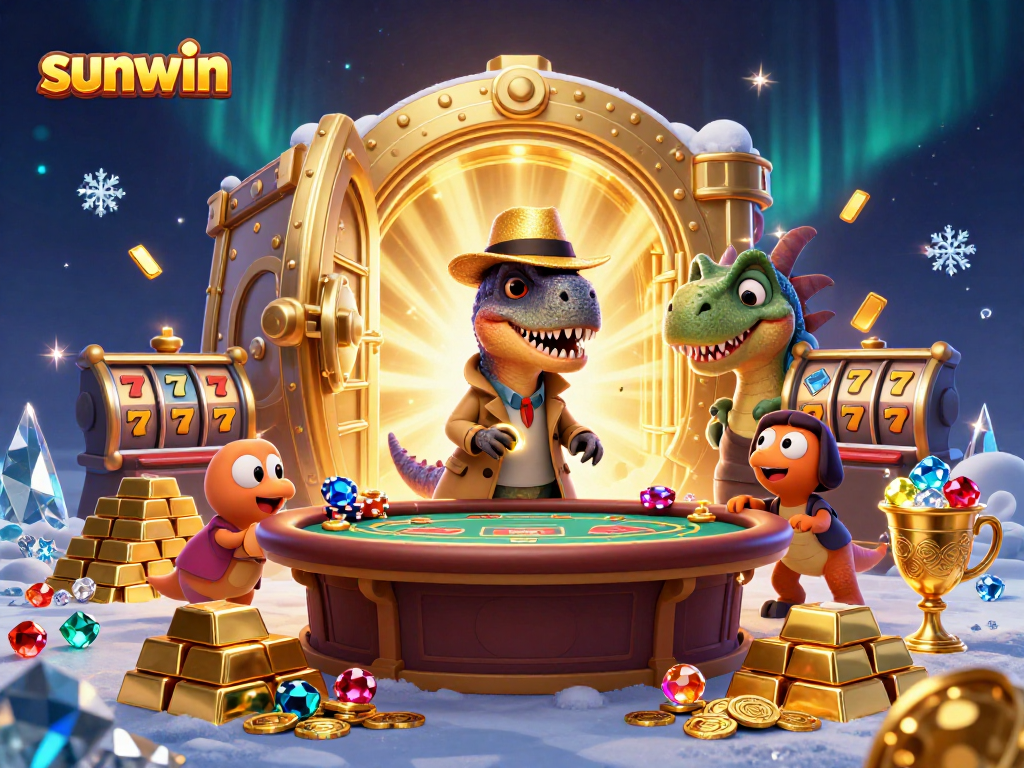 Experience thrilling gameplay with sunwin as a velociraptor counters cards at a vibrant casino scene.