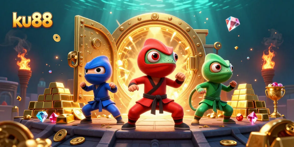 ku88 showcases a trio of ninja chameleons amidst golden treasures, emphasizing dynamic casino excitement.