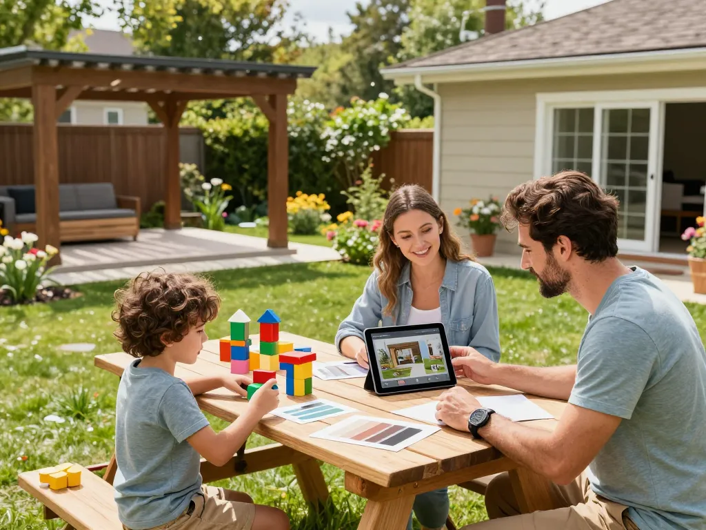 Family using a veranda configurator app to design their custom outdoor space.