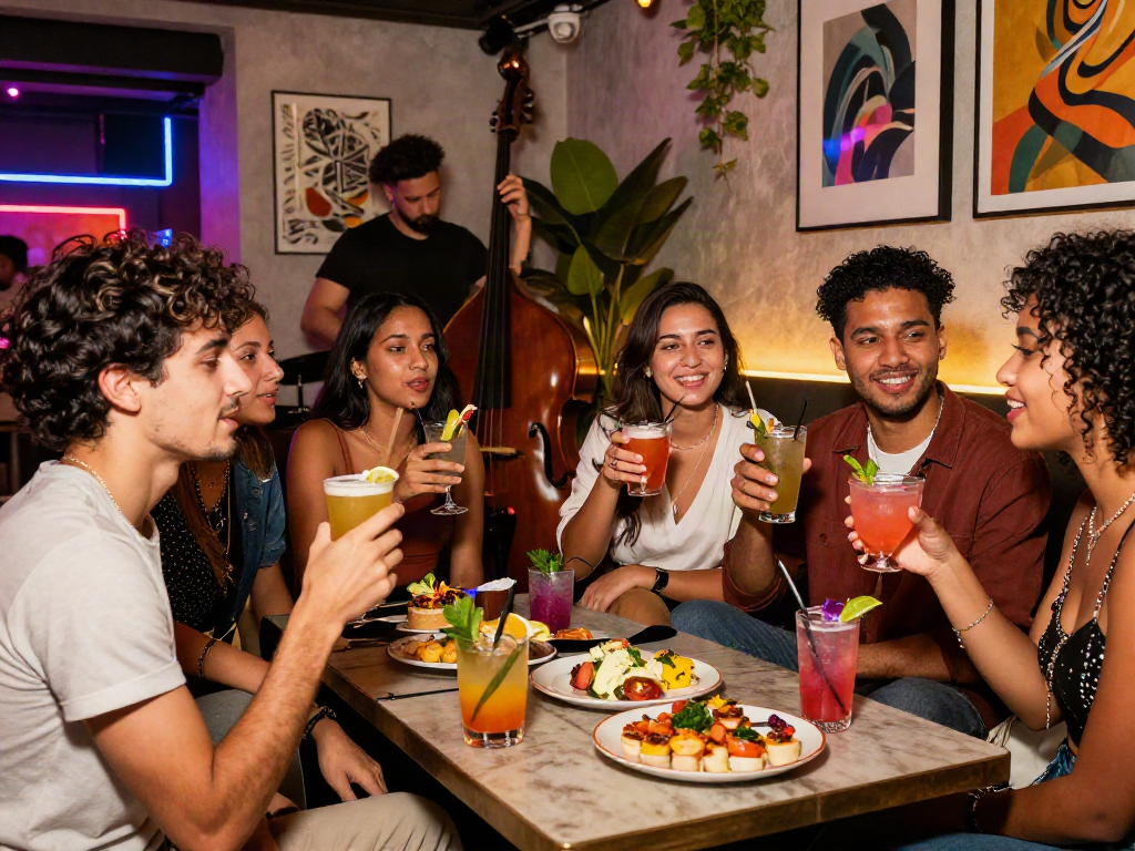 Social gathering at a lively lounge emphasizing nsfw themes with friends enjoying cocktails and vibrant nightlife.