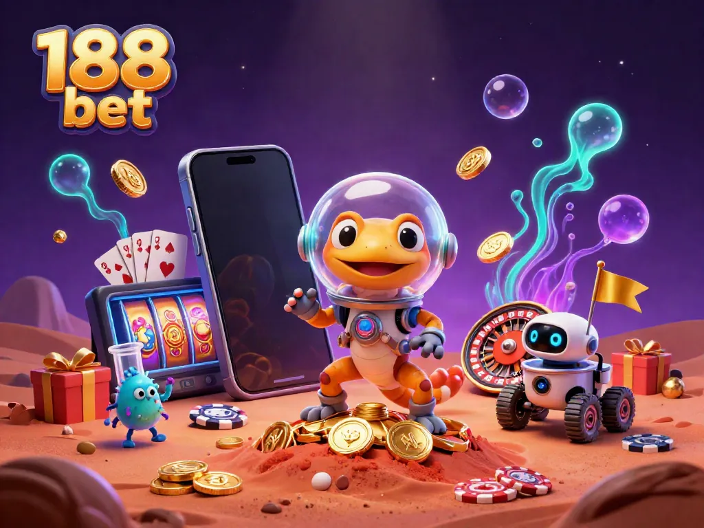 Play exciting slot games at 188 bet's golden casino on Mars, featuring a Martian gecko and fun game elements.