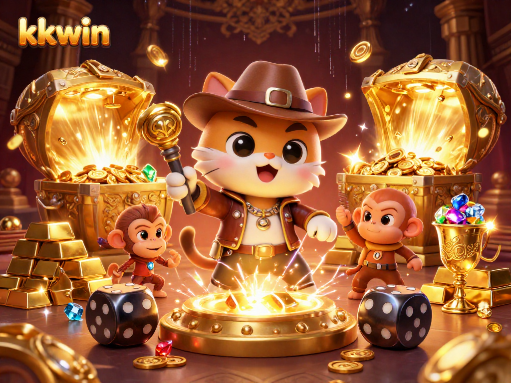 Engage with kkwin's exciting gaming universe in this vibrant 3D scene full of treasures.