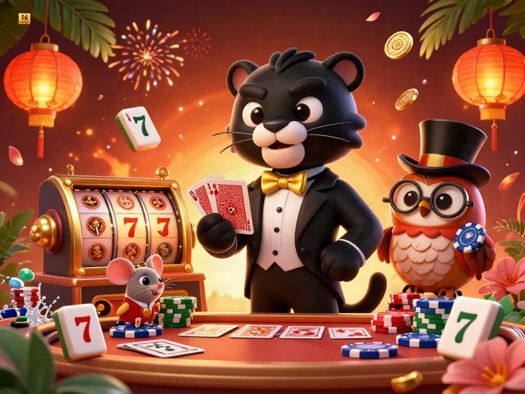 Play exciting casino games with TR88, featuring a panther dealer, owl, and chip-stacking mouse.