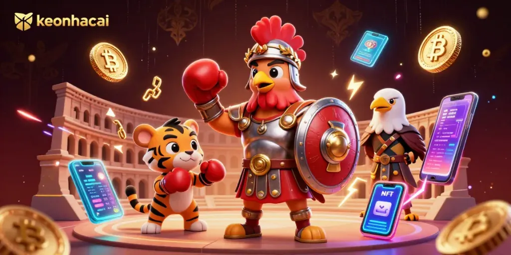 Engage in thrills with keonhacai, featuring a gladiator rooster, cryptocurrency elements, and gambling excitement.