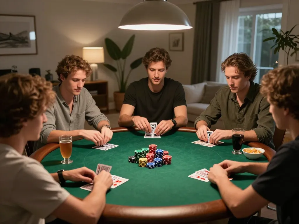 79king players engaged in a friendly poker game during a home gathering with snacks and drinks.
