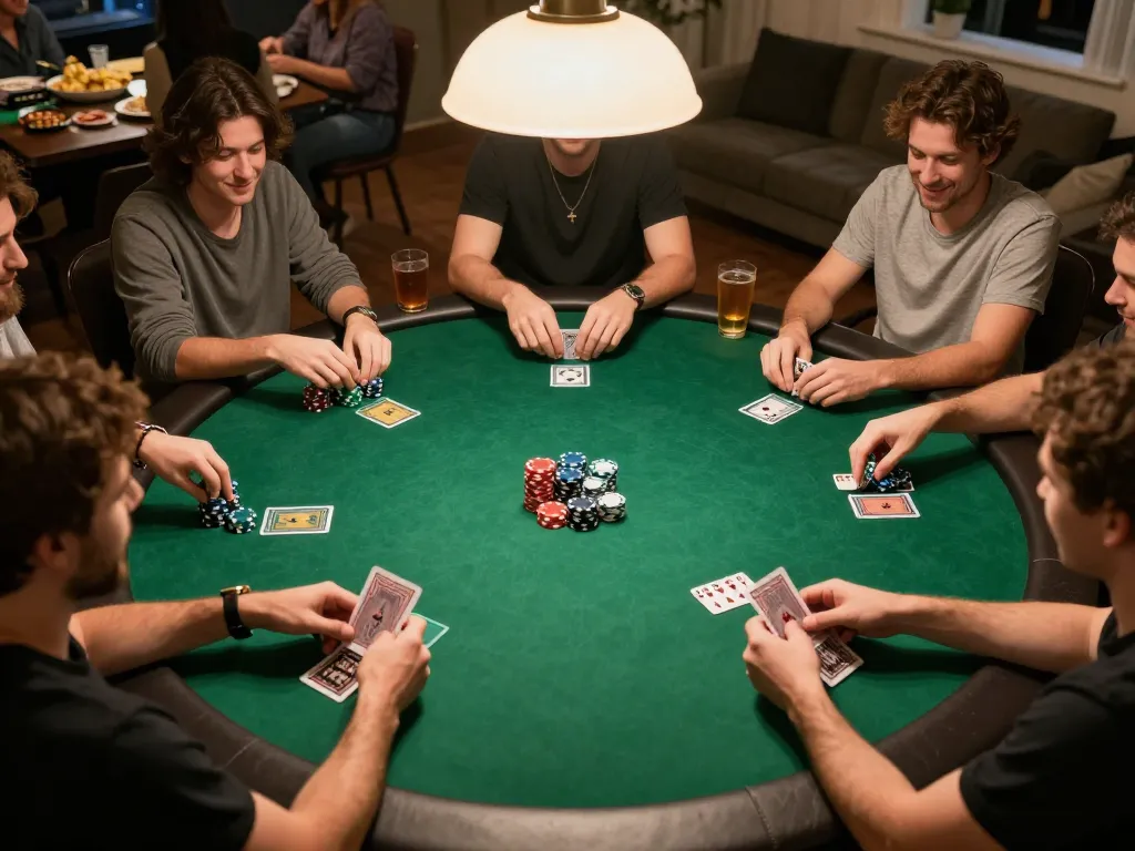 Players engaged in a thrilling poker game at home, showcasing 188 bet excitement and strategy