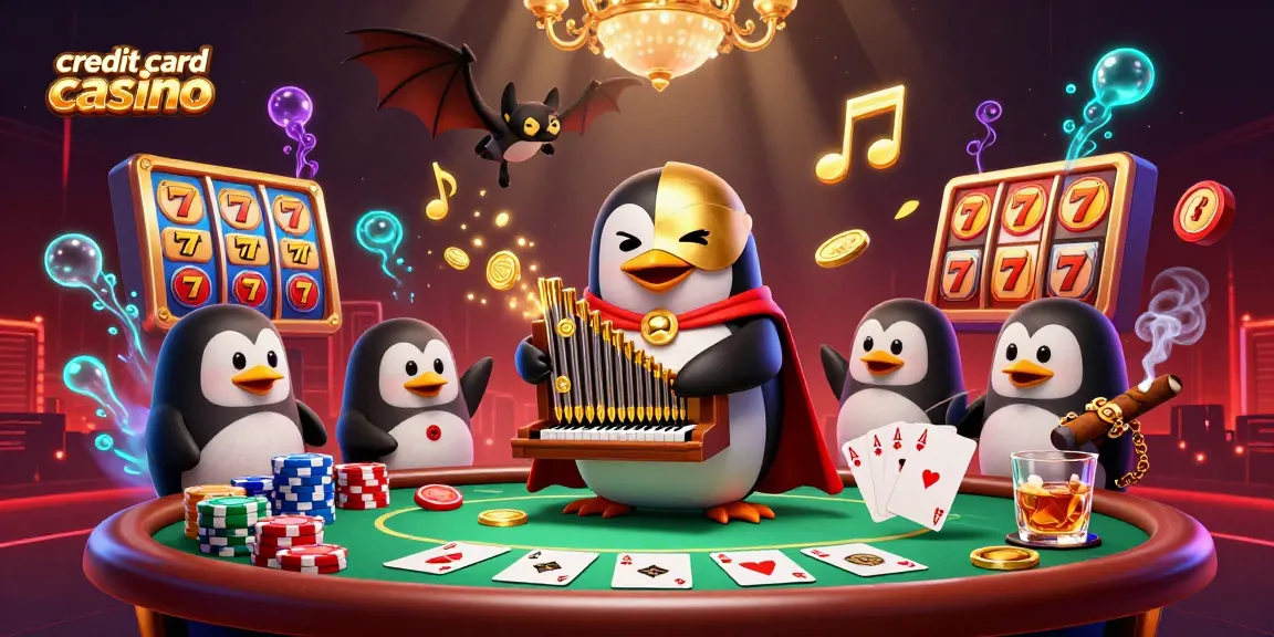 Experience the excitement of a credit card casino with a penguin organist and dynamic gaming elements.