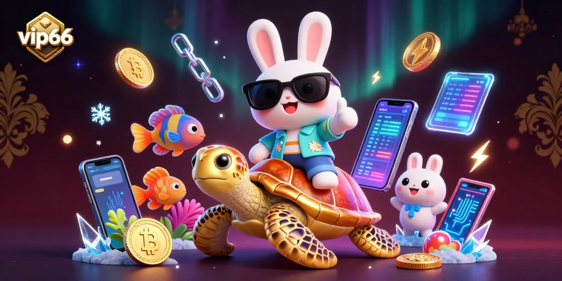 Engage with vip66's vibrant casino experience featuring a lucky rabbit and golden turtle.