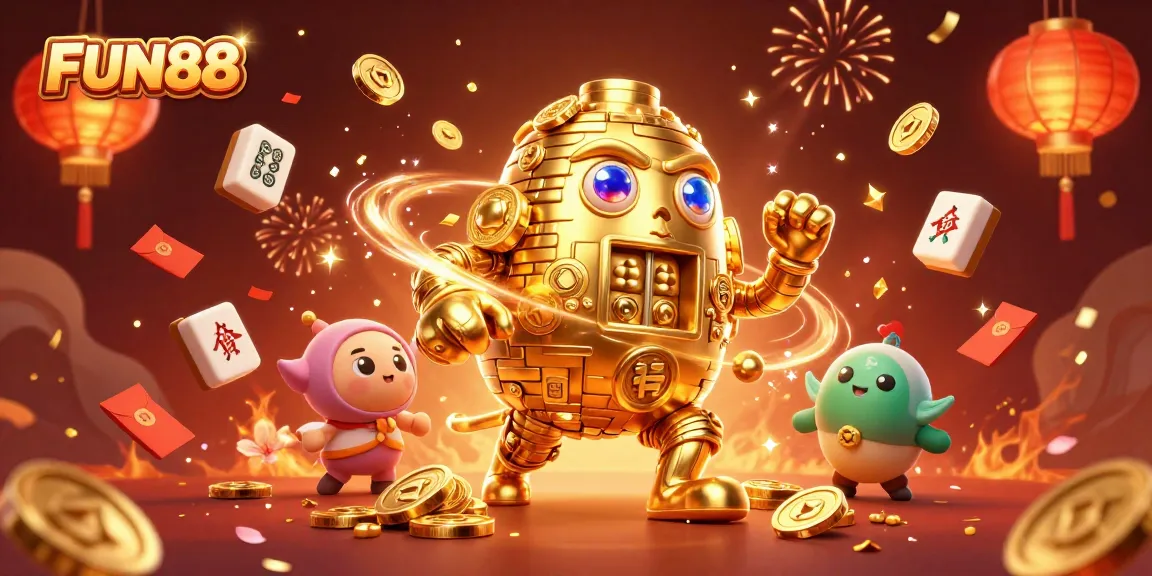 Experience the thrill of FUN88 with dynamic 3D illustrations showcasing vibrant casino elements.
