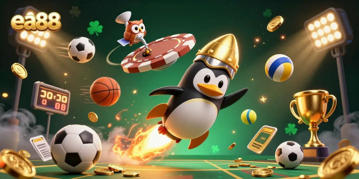 ea88 casino illustration featuring a golden penguin flying towards a poker chip space station with sports elements