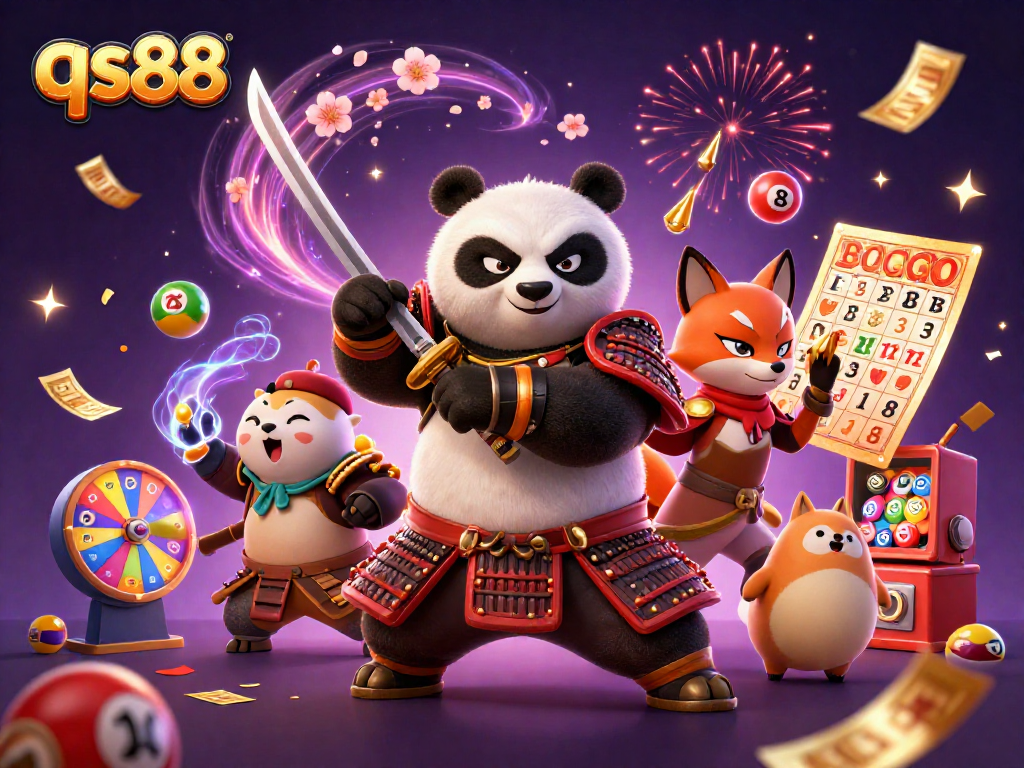 qs88-themed illustration showcasing a samurai panda and ninja fox amidst lottery elements and magical energy.