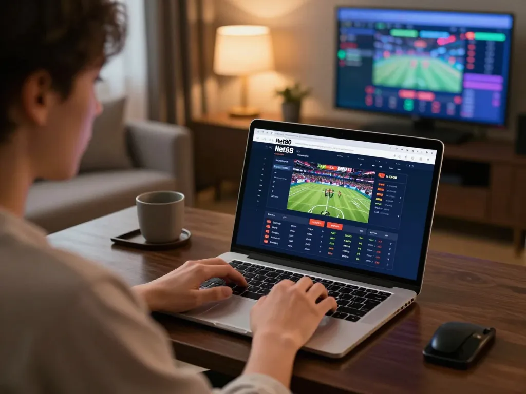 Engaging user placing bets on Net88 live sports betting platform from a modern home office.