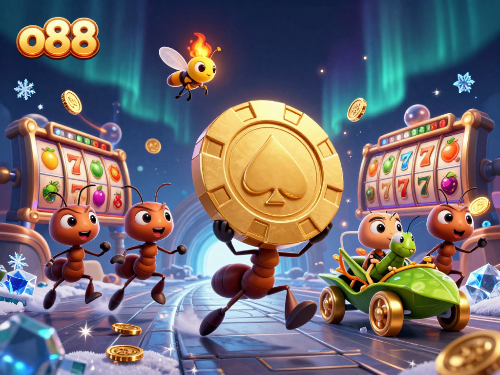 Spin the reels with o88’s vibrant casino elements as ants carry a giant poker chip.