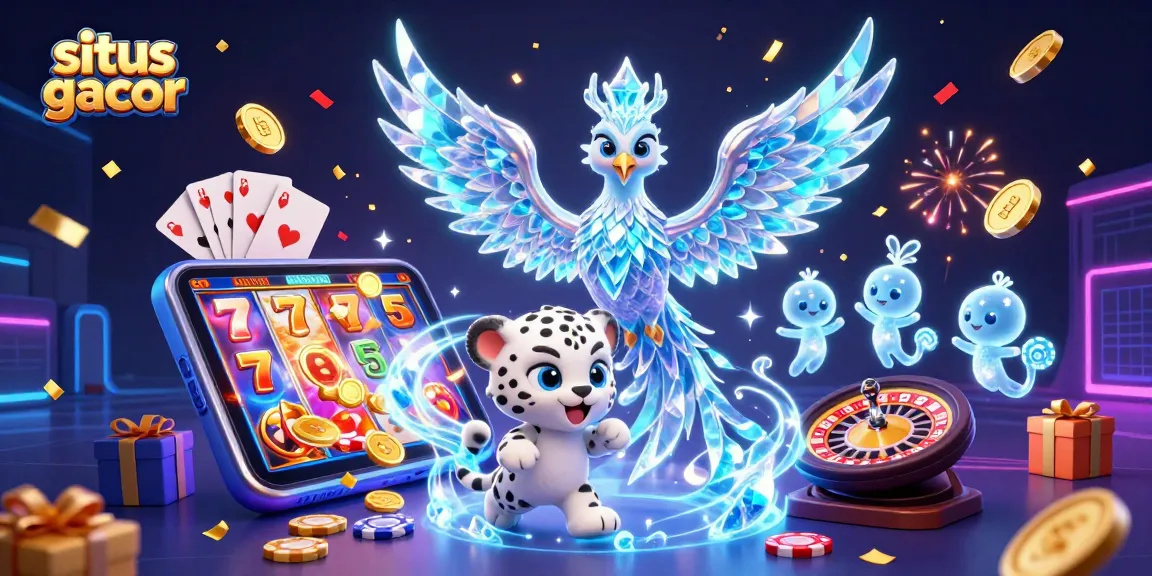 Engage with situs gacor's vibrant gaming scene featuring an ice phoenix and playful elements.