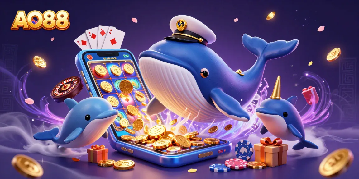 Engage with AO88's dazzling casino world alongside a whimsical whale, a narwhal, and playful dolphins.