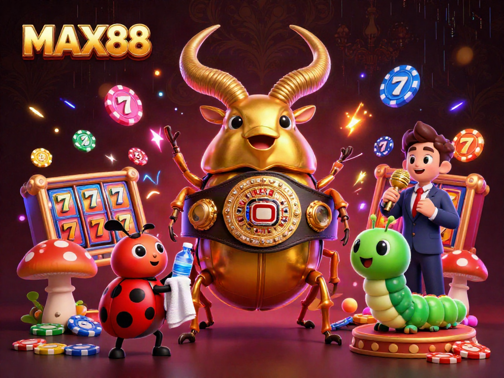Experience MAX88 excitement with a giant golden stag beetle champion in a vibrant casino setting.
