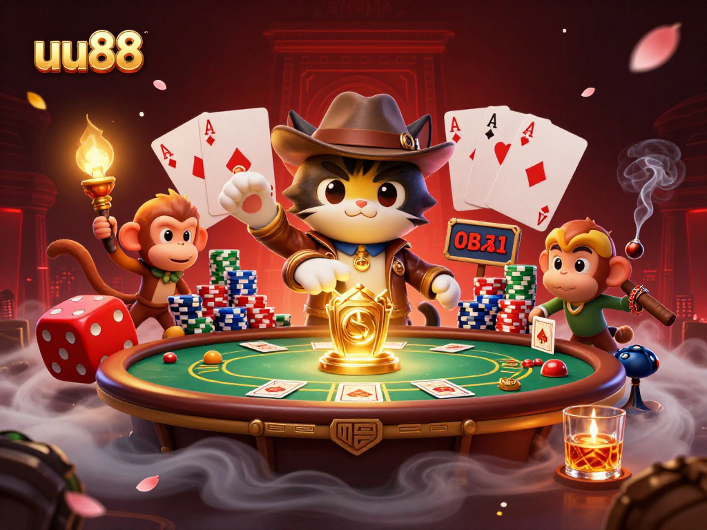 uu88 cat explorer discovers golden casino artifacts amidst poker chips and cards.