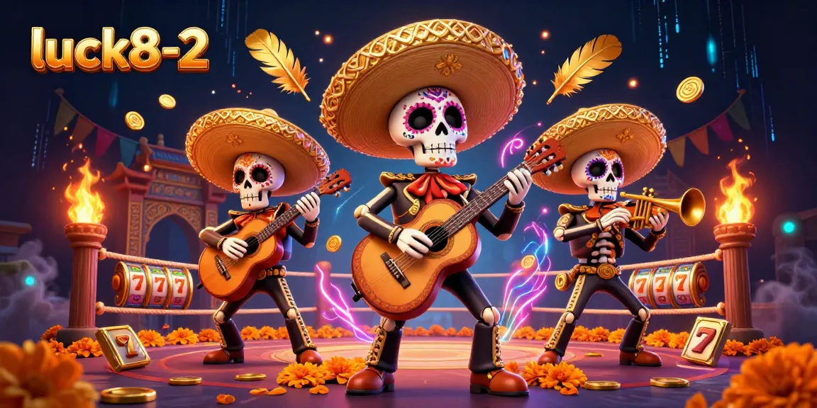 Experience luck8-2 in a vibrant casino scene with exciting slot reels and Day of the Dead characters.