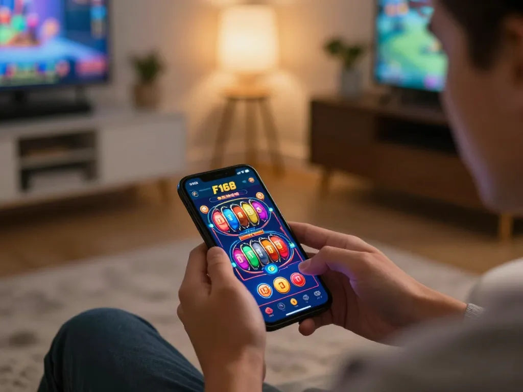 Player engaging with the F168 app for online gaming in a cozy home setting.