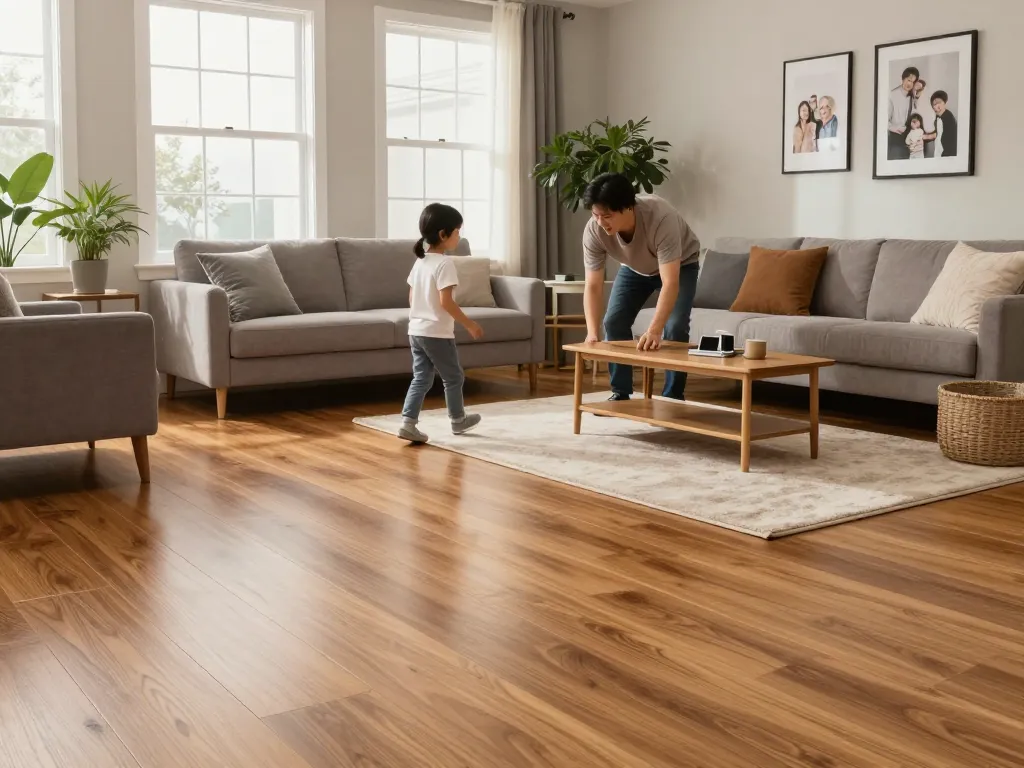 Flooring specialists near me transforming a living room with beautiful hardwood flooring and modern decor.