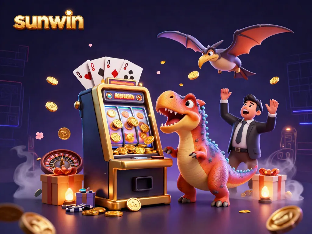 Experience sunwin’s vibrant casino scene with dynamic characters and a jackpot-winning slot machine.