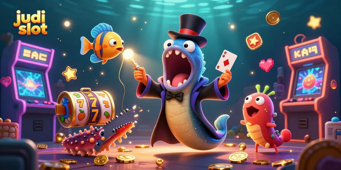 Engage with judi slot in this vibrant 3D scene featuring animated deep-sea creatures and casino elements.